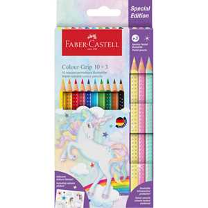 Cartoleria 10 matite colorate Colour Grip + 3 matite colorate Sparkle pastel, unicorno stickers Faber-Castell